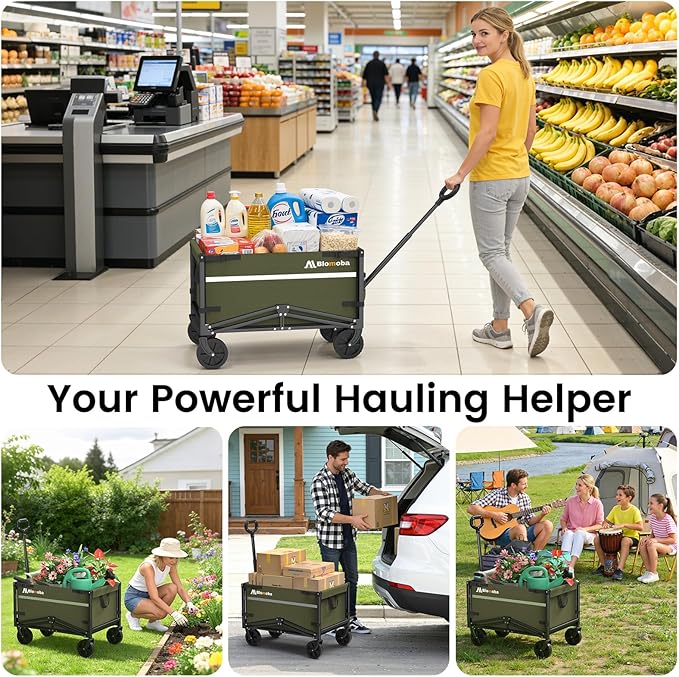 Blomoba Collapsible Wagon Cart, 220LBS Heavy Duty Collapsible Wagon with All-Terrain Wheels 360° Rotation, Flexible Handle, Portable Utility Cart for Grocery Sports Garden Shopping Camping Beach,Green