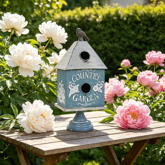 Rustic Blue Metal Bird House, Decorative Bird House with Country Garden Accents & Bird Topper, Standing Design Bird Home - Ideal Outdoor Garden Decor (Blue-Garden)