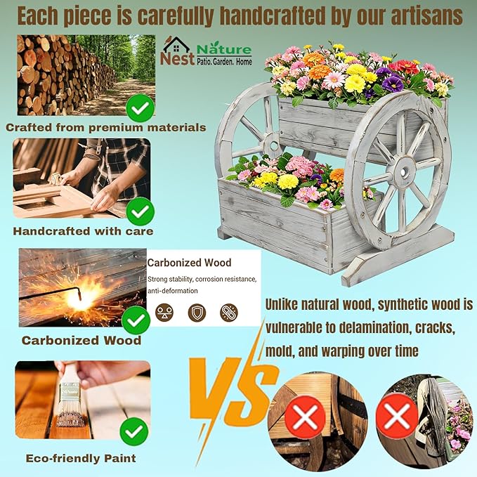 2 Tier Classic Wooden Wagon Planter Box|Outdoor Planter/Flower Pot for Indoor&Outdoor Plants-Rustic Garden Planter for Patio,Porch&Garden Decor- Raised Garden Bed for Succulents,Herbs,Vegetables