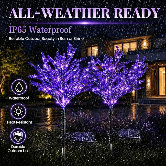 Lavender Solar Garden Lights, 6 Pack Outdoor LED Flowers | 6 purple lavender solar flowers with LEDs; auto on/off, IP65 waterproof stakes for pathway, yard, patio and Halloween decor