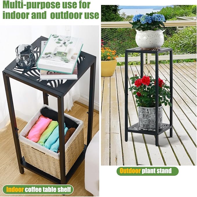 Party Zealot 2 Packs of 2-Tier Tall Metal Square Plant Stand 31” Heavy-Duty Modern Flower Pot Rack for Indoor Living Room, Corner Side Table for Outdoor Patio, Garden Planter Holder, Black, Leaf
