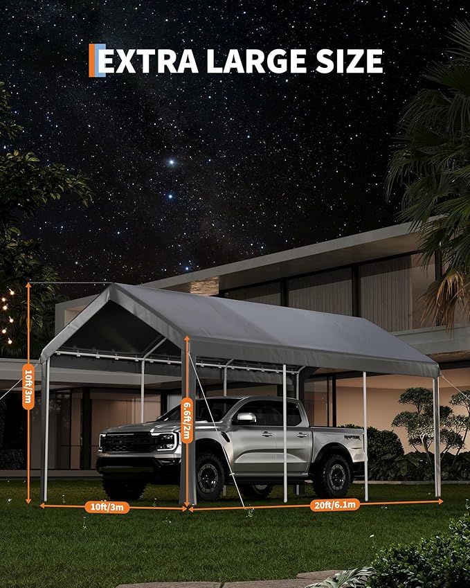 CABIHOME 10 x 20 ft Heavy Duty Carport Canopy, Portable Car Tent Garage with Roll-Up Door, All-Season Tarp Cover, Removable Side Walls, Outdoor Storage Shelter Shed for Car SUV Boats Truck, Grey