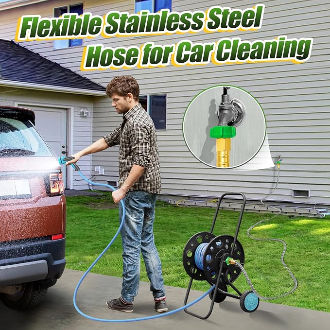 Female to Female Leader Hose for Hoses Reel, 10ft Metal Leakproof Short Garden Hose Connector, Heavy Duty 304 Stainless Steel Flexible Water Pipe for Outdoor Garden Watering Car Pet Cleaning
