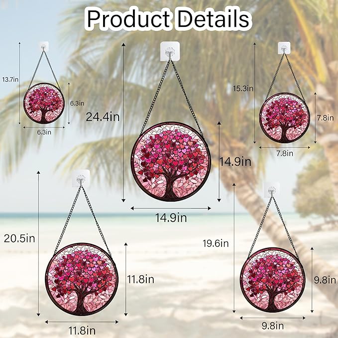 Stained Glass Window Hanging, Birthday Gifts for Women Mom Grandma Nana Wife Couple, Pink Love Tree Suncatcher for Doors Window Home Sun Catchers Gifts Decor 6.3 in