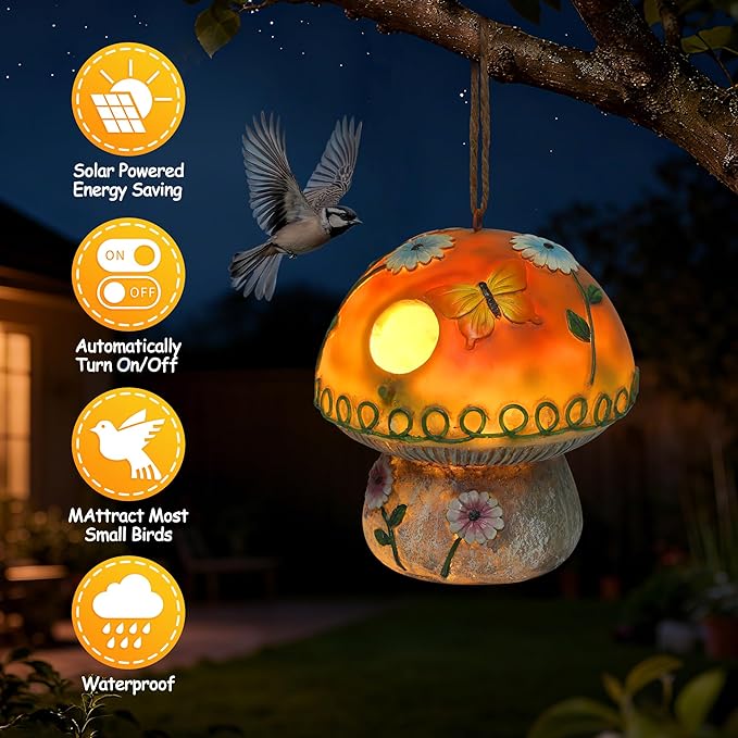 Smadeer Solar Birdhouse for Outdoor Hanging, Mushroom Bird House with Lights Outside, Resin Garden Statue Decorative Nesting Box for Chick Blue Bird Hummingbird Woman Gifts for Yard Patio