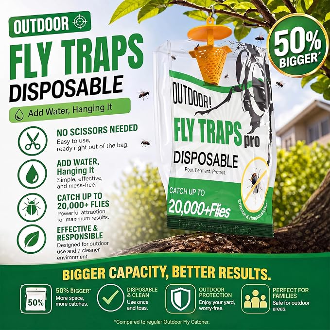 Fly Traps Outdoor Hanging, 6 Pack Portable Disposable Fly Catcher, Add Water Outdoor Flying Insect Trap Fly Traps for Patio, Garbage, Backyard, Ranch Areas