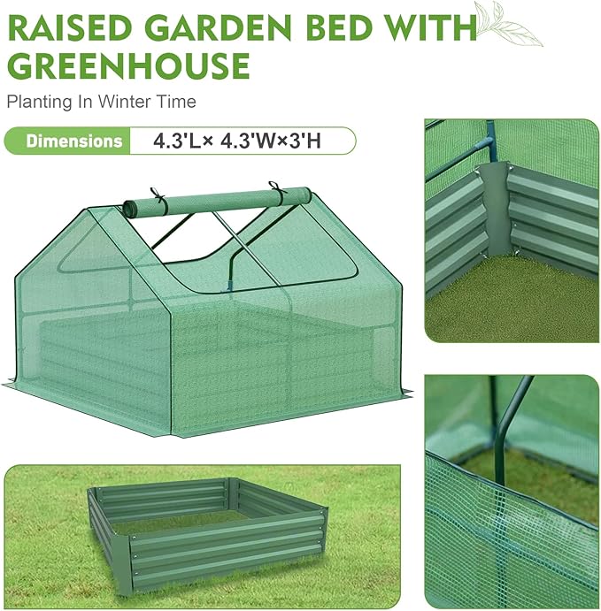 BPS Raised Garden Bed Set, 4x4x1 FT Metal Bottomless Flower Bed with PE Cover for Outdoor Planting, Green