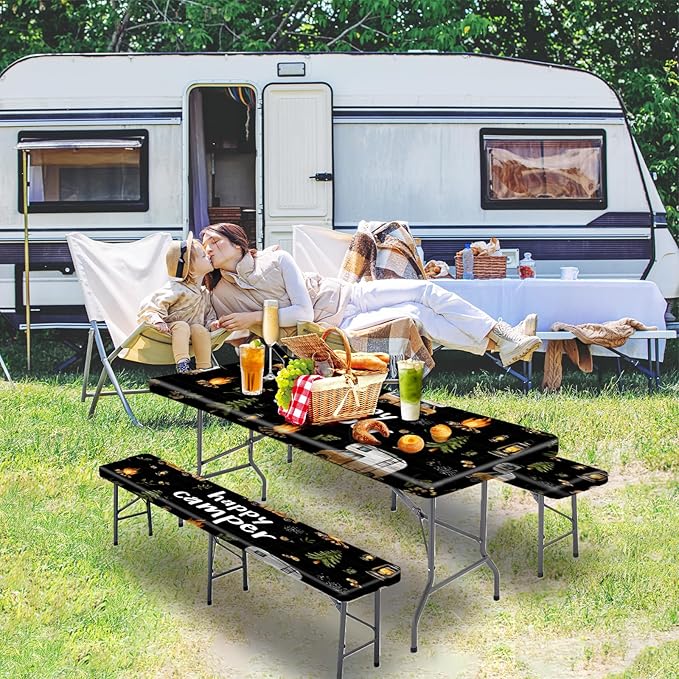 Picnic Table Cover with Bench Covers, Camping Essentials, Fitted Camping Tablecloth with Bag, Waterproof and oilproof with elastic Edge for Indoor Outdoor Patio, 72in (RV Camper)