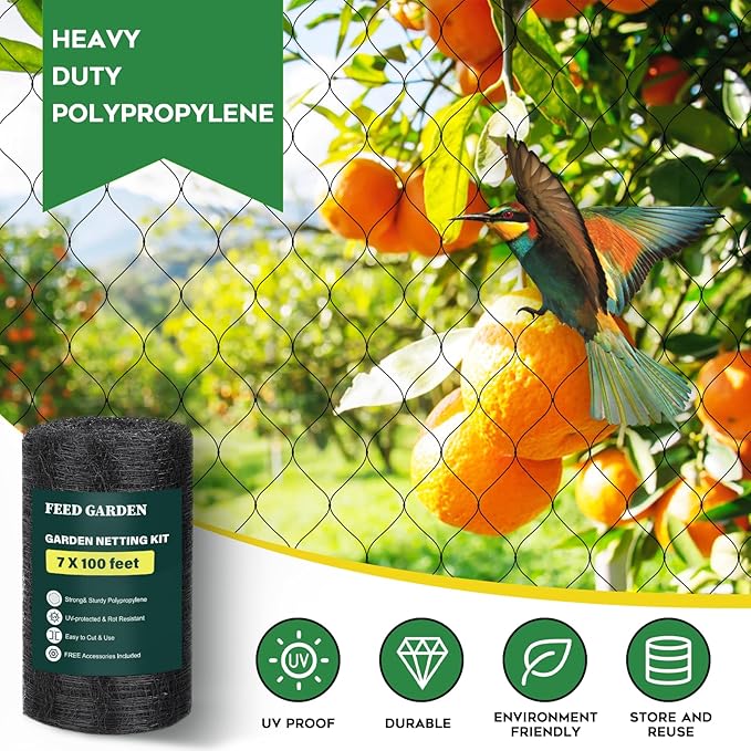 FEED GARDEN Heavy Duty Deer Netting - 7x100ft UV-Protected Garden Fence with 3/4" Fine Mesh - Includes 10 Stakes & 50 Zip Ties for Easy Installation