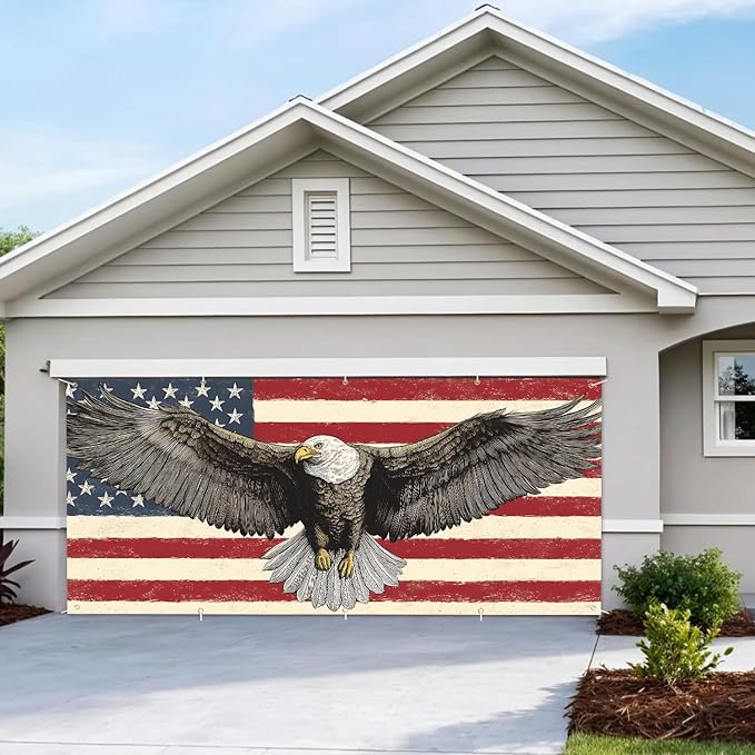 7 * 16FT Eagle USA Flag Garage Door Cover Decorations Independence Day Garage Door Banner for Outdoor Indoor Patriot Party Photography Backdrop