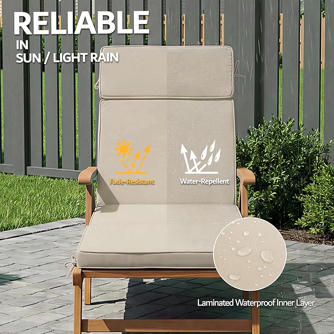 80 x 26 Inch Outdoor Chaise Lounge Cushions Set of 2 - Removable Cover, 4-Section Design, Water-Repellent & Fade-Resistant, 6 Tie Straps, Replacement for Patio & Pool Chairs - Cream