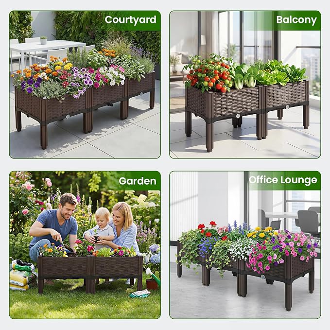 4Pcs Plastic Raised Garden Bed,62.4"×15.6"×14.4" Elevated Wicker Planter Box with Self-Watering System, Plants Garden Boxes with Legs for Growing Fresh Vegetables,Fruit,Flowers and Herbs