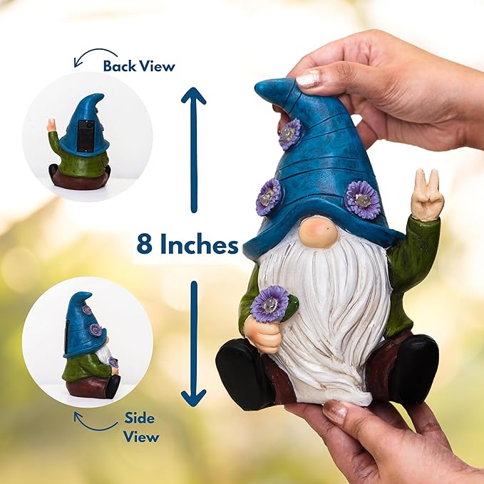 Peace Gnome Garden Statue - Original Design - Blue Peace Gnome Design for Yard, Lawn, Patio, Porch - Garden Decoration - Solar Light - Mom - Grandmother Outdoor Decor & Unique