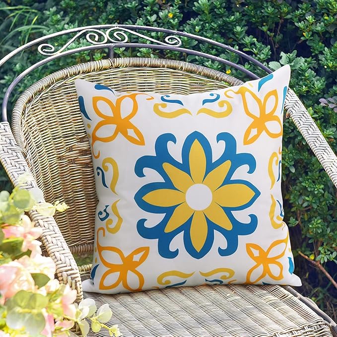 Pyonic Outdoor Pillow Covers 16x16 Spring Summer Garden Waterproof Throw Pillow Covers Cushion Case Patio Pillows for Couch Tent,Set of 4 Yellow and Blue