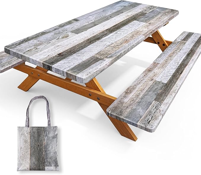 Picnic Table Cover with Bench Covers 6FT Farmhouse Waterproof Windproof Fitted Outdoor Wood Tablecloth with Elastic Rectangle Table Cloth Camping Essentials (Brown)