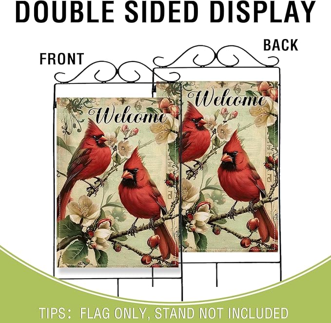 Artofy Welcome Cardinal Large Decorative House Flag, Vintage Red Birds Magnolia Flower Yard Garden Outside Decor, Retro Spring Summer Floral Burlap Outdoor Home Decoration Double Sided 28 x 40