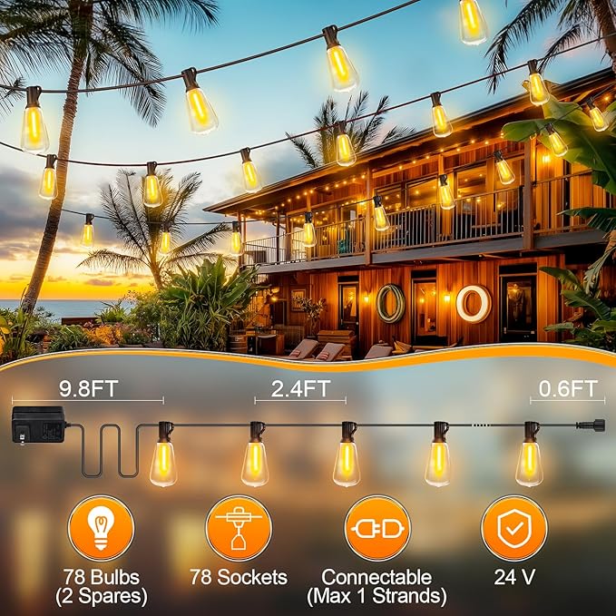 MGVIH Outdoor String Led Patio Lights - 200Ft 60M Outside Waterproof Light with Remote Dimmable ST38 Shatterproof Bulb Hanging Outdoor Electric Lighting for Backyard Yard Gazebo Porch Party
