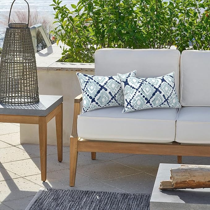 LVTXIII 2 Pack Outdoor Lumbar Pillow Covers 12x20 Inch with Piping, Water-Repellent Back Cushion Covers ONLY for Patio Furniture, Sofa, Garden Bench, Boho Geometry Blue