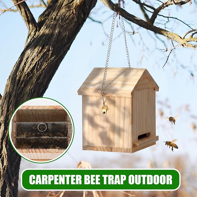 2 Pack Carpenter Bee Trap Outdoor (5.7" L x 4.3" w x 6" h) - Hanging Wooden Bee Catcher with Iron Wire, 2 Mesh Screens & 8 Sticky Pads Refills, Natural Pest Control for Wasps & Mud Daubers