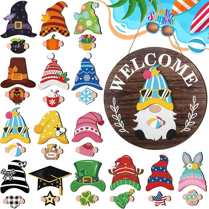 Qunclay Interchangeable Wooden Gnome Decor Holiday Seasonal Gnome Decorations with Magnet Pieces and Detachable Hats Changeable Welcome Sign for Home(Attractive Style)