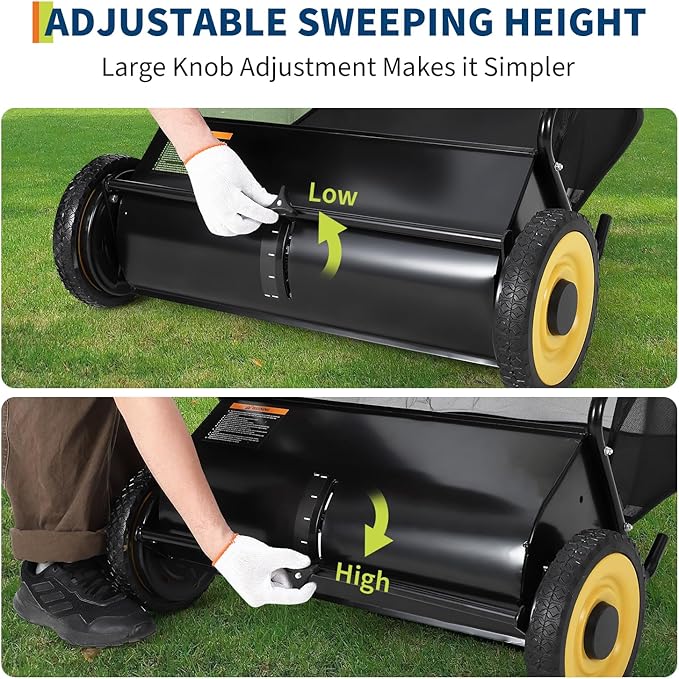 PeakPursuit 21 Inch Push Lawn Sweeper, Leaf & Grass Collector, Strong Rubber Wheels & Heavy Duty Thickened Steel Durable to Use with Large 3.5 Cu. ft Hopper Bag, 4 Spinning Brushes