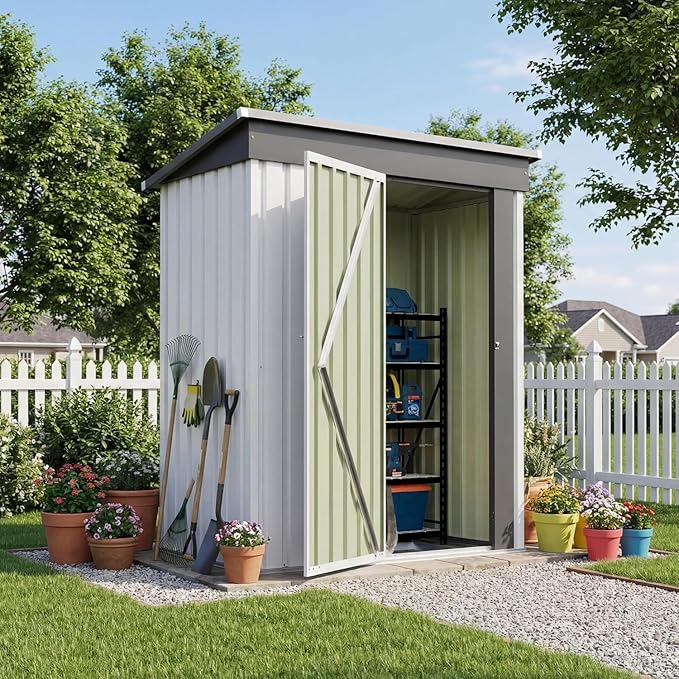 Patiowell 5x3 FT Storage Shed with Floor Frame, Small Metal Garden Sheds with Sloping Roof and Lockable Door, Waterproof Steel Patio Tool Shed for Backyard Garden Lawn, White