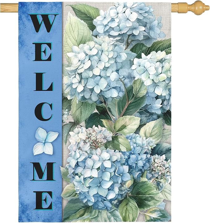 Hydrangea Garden Flags Welcome Spring Summer House Banners Blue Floral Oversized Yard Flag for Outside Double Side Purple Hydrangeas Flowers Rustic Banner Decor Large Size 28 x 40 Inch