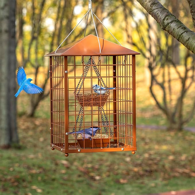 Mealworms Bird Feeders for Bluebirds - Metal - Huge Caged Squirrel-Proof Bird Feeders with 2 Cups, DIY Wild Bird Feeders Outdoor Hanging (Brown), Attract Wild Birds, 2lbs Seed Capacity+1 Mealworms Cup