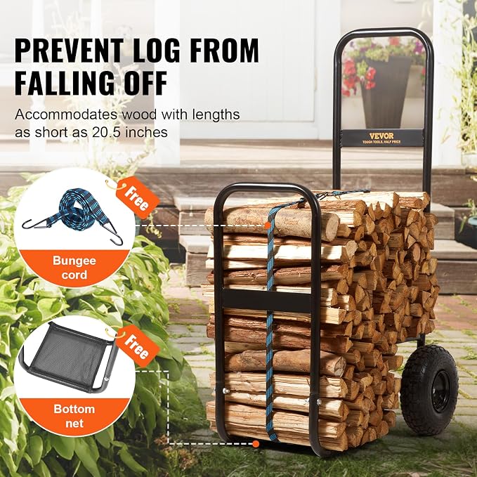VEVOR Log Cart 250 lbs Load Capacity, Outdoor and Indoor Wood Rack Storage Mover with Pneumatic Rubber Wheels, Heavy Duty Steel Dolly Hauler, Firewood Carrier for Fireplace, Fire Pit, Black