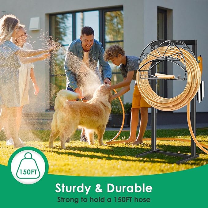 TomCare Garden Hose Holder Heavy Duty Water Hose Holder Holds 160 FT Hoses 4 Spikes Hose Reel Freestanding Hose Hanger Sturdy Hose Storage Stand for Outside Yard Lawn