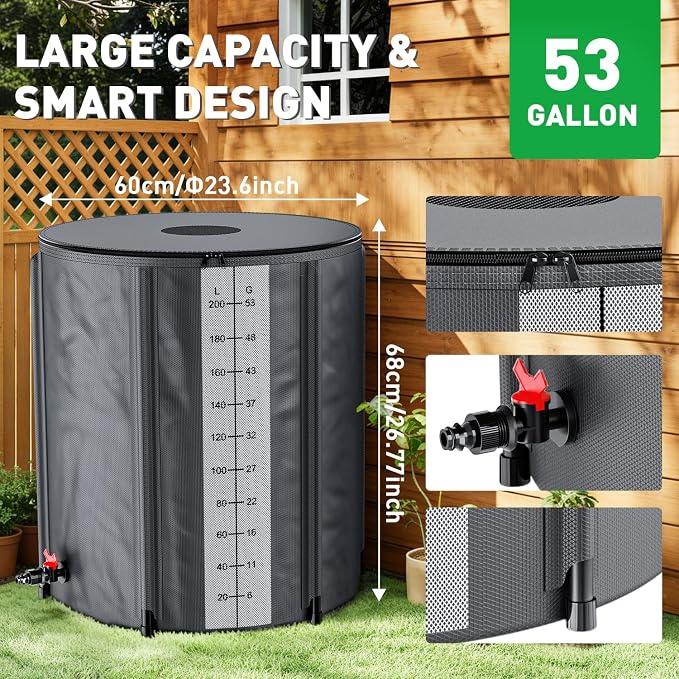Yesker Collapsible Rain Barrel, 53 Gallon Portable Rainwater Collection System, 550D PVC Water Storage Tank, Rain Catcher with Spigots Filter Overflow Kit, Grey