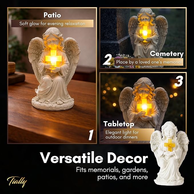 TIALLY Solar Angel Garden Statue with Glowing Cross – Large Angel Figurines with Soft Glow, Weatherproof Outdoor Statues for Memorial Decor, Yard, Lawn or Cemetery Use, Angels Gifts for Women