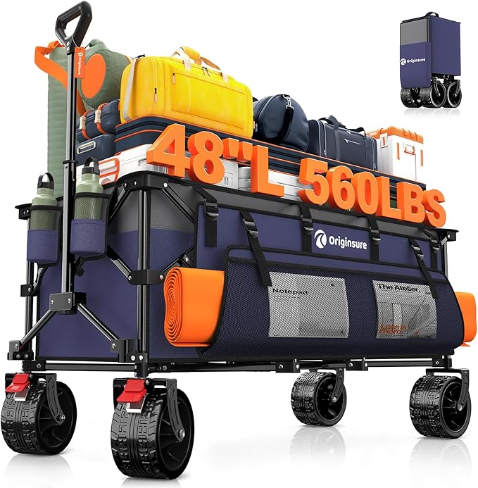 48" L Collapsible Wagon Cart Foldable, 560lbs Weight Capacity 300L Heavy Duty Folding Beach Wagons with Big All-Terrain Wheels, Utility Carts for Groceries, Shopping, Camping, Sports - Grey&Purple