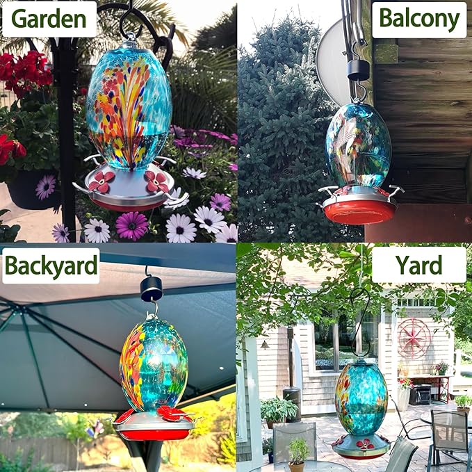 Muse Garden Glass Humming Bird Feeders for Outdoors - 27OZ Blown Glass Hummingbird Feeder - Unique Gift Mom Women, Outdoors Hanging Garden Decor, Includes Ant Moat & Brush, Blue Fireworks