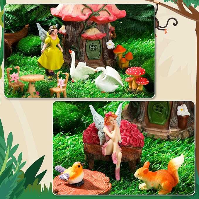 Soaoo Fairy House Garden Figurines Kit Summer Garden Decor Elves Decoration Outdoor Ornaments Animals Butterfly Fairy Mushroom Party Supplies DIY Micro Landscape Dollhouse