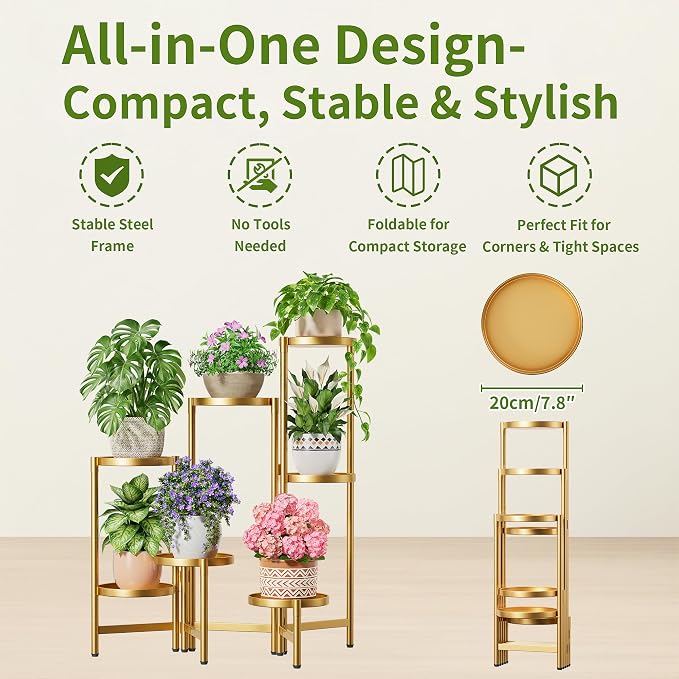 Stand Plants Gold, 7 Tiered Corner Plant Stand Indoor Outdoor, Tall Folding Rack with Rust Proof 7.9 Inch Wide Tray, Heavy Duty Flower Shelf for Multiple Plants for Patio - GoldDisk