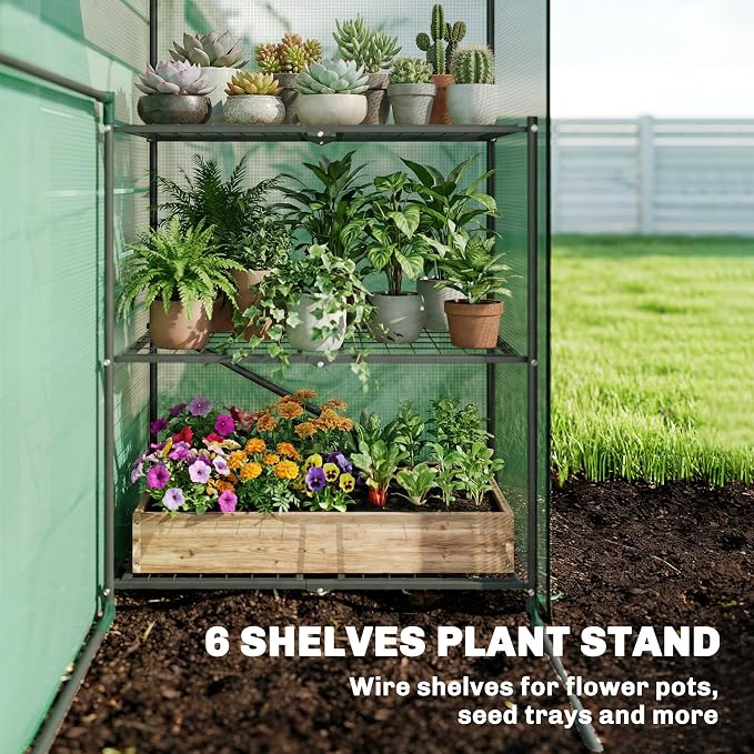 Outsunny 4.7' x 2.3' x 6.2' Small Greenhouse for Outdoors, 3 Tiers 6 Shelves, Portable Greenhouse with UV-Resistant PE Cover, Walk-in Green House with Roll-Up Door, Green