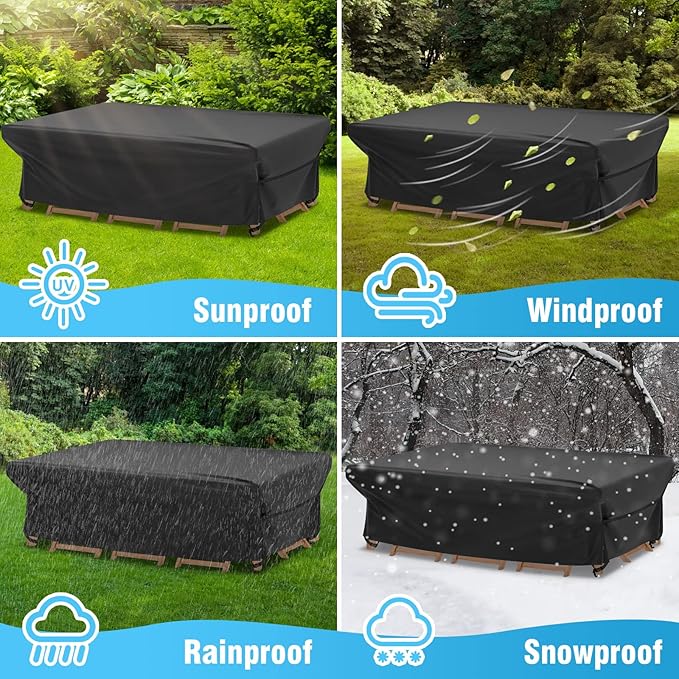 Velway Patio Furniture Cover Outdoor, Waterproof Rectangular Patio Table Chair Set Cover, 98"Lx78"Wx28"H, All Weather Oxford Tear-Resistant Sectional Sofa Set Covers with Windproof Design, Black