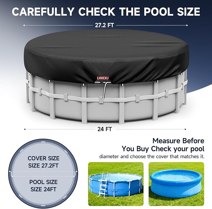 LXKCKJ 24 Ft Pool Cover for Above Ground Pool, Round 420D Solar Oxford Tarp | 100MPH Windproof with 2 Buckles and & Weight Rings, 634N Tear-Resistant, Waterproof 10000PA, UV Protection, Cuts Evaporation
