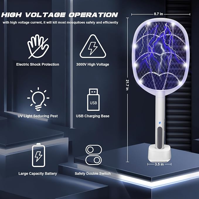 3 Packs Electric Fly Swatter Rackets, 2-in-1 Handhold Bug Zapper with 3000V High Voltage, Plug-in Mosquito Killer Insect Light Trap with 3 Layer Safety Mesh Portable for Indoor Outdoor Use