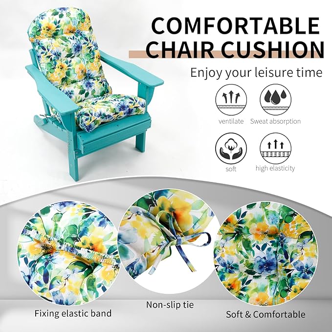 Adirondack Chair Cushions Set of 2, High Back Patio Chair Cushions 48 x 19.7 x 4.7 Inch, Indoor/Outdoor Thickened Rocking Chair Cushion, Fade-Resistant & Waterproof (Flower Green)