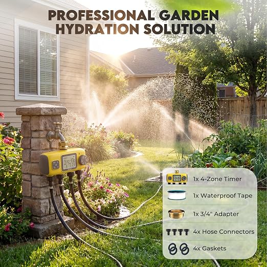 4 Zone Water Timer for Garden Hose, 4 Outlets Sprinkler Timer for Watering with Brass Inlet,Rain Delay/Automatic/Manual Irrigation System for Garden Sprinkler Controller for Lawn Yard Garden
