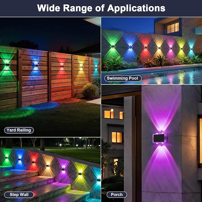 Solar Fence Lights Outdoor Waterproof LED, New Up Down Glow Wall lights Solar Powered with 8 Modes 6 Color Changing Warm White & RGB Cycling, Solar Patio Light for Backyard Railing Deck Decor-12 Pack