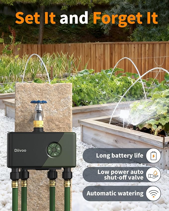 Diivoo WiFi Water Timer 4 Outlets, Smart Sprinkler/Hose/Tap Timer Compatible with Alexa & 24 Irrigation Plans & Rain Delay, Garden Watering Systems Controller with 2 Watering Modes for Lawn Yard