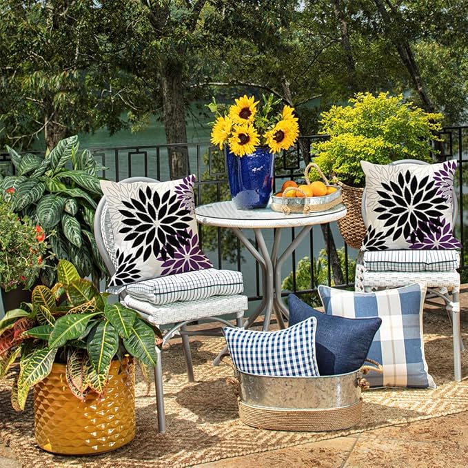DFXSZ Black Purple Flower Pillow Covers 20x20 Inch Set of 2 Outdoor Throw Pillows Outdoor Waterproof Decor for Living Room Sofa Patio Funiture Garden Floral Polyester Pillow Covers 002Q20