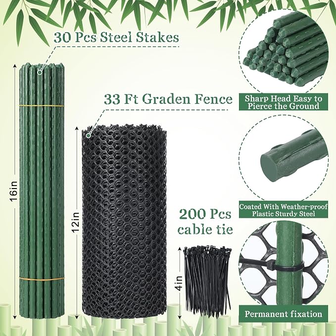 Marsui Animal Barrier Fence 12in x 33ft No Dig Garden Fence Mesh Fencing with Steel Stake Movable Portable Temporary for Poultry Dogs Rabbits Chicken Snake Barrier Garden Backyard Outdoor