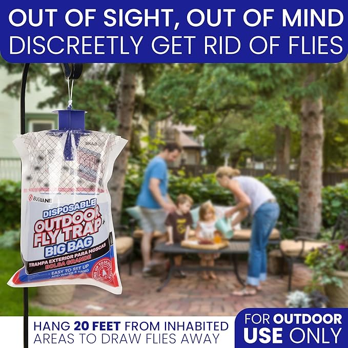 Fly Traps Outdoor Fly Trap for Patio. 4 Large Non-Toxic Pre-Baited Flies Bags Outdoor Disposable. Big Hanging Bug Catchers for All Filth Flies Killer for Outside Bug Control in Yard Horse Ranch.