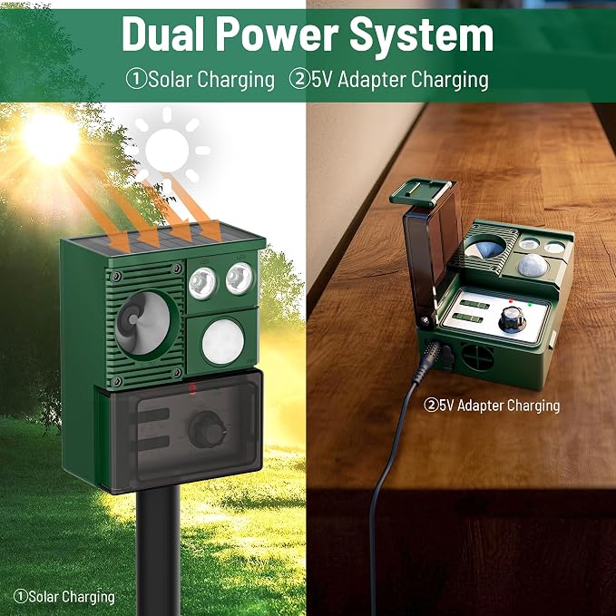 2-Pack Solar Animal Repeller Outdoor, Motion Activated Yard Guard Ultrasonic Deer Repellent Device for Rabbits, Raccoons & Squirrels, Flashing Light & IP44 Waterproof Garden Animal Control
