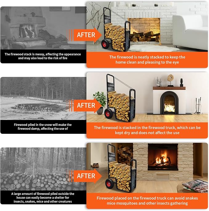 Doublehorse Firewood Cart with Pneumatic Wheel: 27 x 20 x 44 in Large Heavy Duty Metal Waterproof Portable Storage Rack - for Outdoor Camping Backyard Fireplace Indoor Use for Women Men