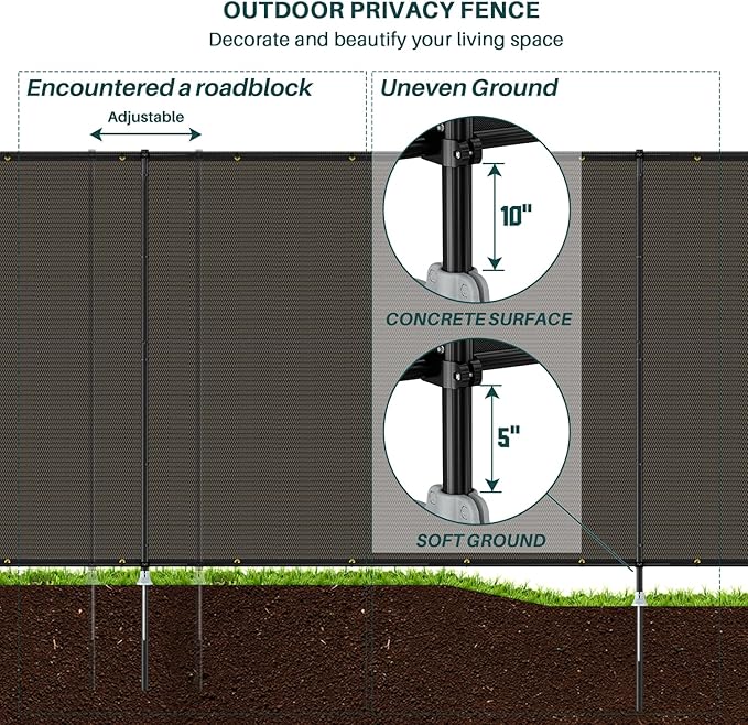 Bynbbur 6'x138' Outdoor Privacy Screen Freestanding with Iron Poles and Stakes, Temporary Dog Fencing, Backyard Divider, Metal Garden Fence for Pool Patio Barrier Border, Brown